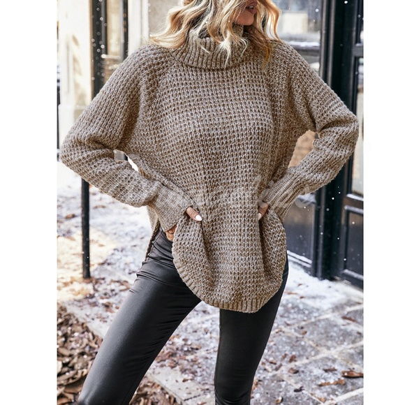 Waffle Knit Khaki Long Sleeve Sweater Turtleneck - Picture 3 of 7